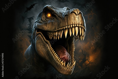 Trex the terrorizing mummy dinosaur roars in for Halloween. Generative AI © 2rogan