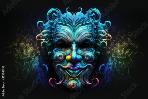 Clown face adorned carnival backdrop with bright colors. Generative AI © 2rogan