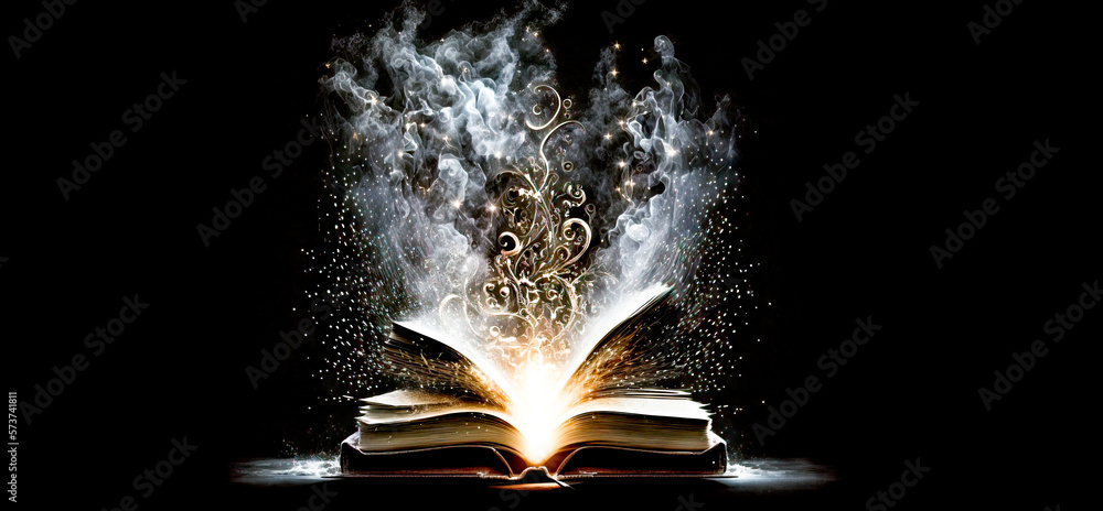 Old magical grimoire book of spells opened with fire and smoke ...