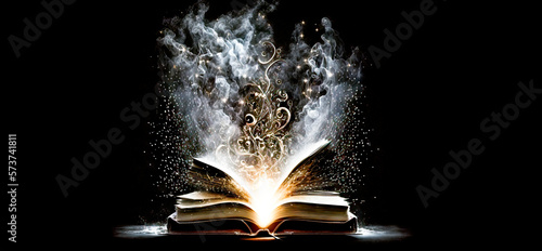 Old magical grimoire book of spells opened with fire and smoke exploding from the pages.  Fantasy image created with generative ai photo