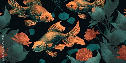 Goldfish among green seaweed in a river, undersea world, dark oriental style. Digital horizontal illustration with fishes underwater as wallpaper or background. photo