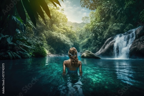 woman swimming in the river tropical jungle, generative ai