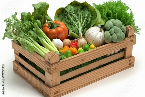 Vegetables in a wooden crate  isolated on white. Generative AI