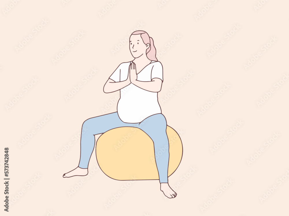 Pregnant woman doing yoga on rubber ball simple korean style illustration Pregnant woman doing yoga on rubber ball simple korean style illustration