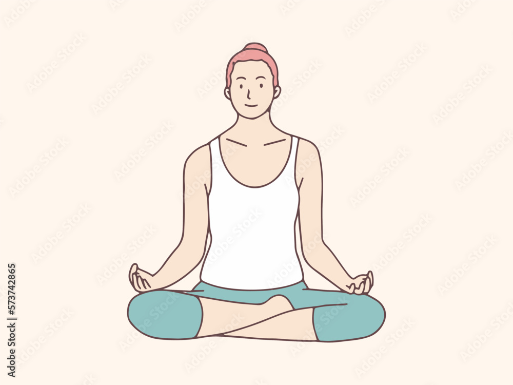 Woman doing yoga meditation laptop simple korean style illustration