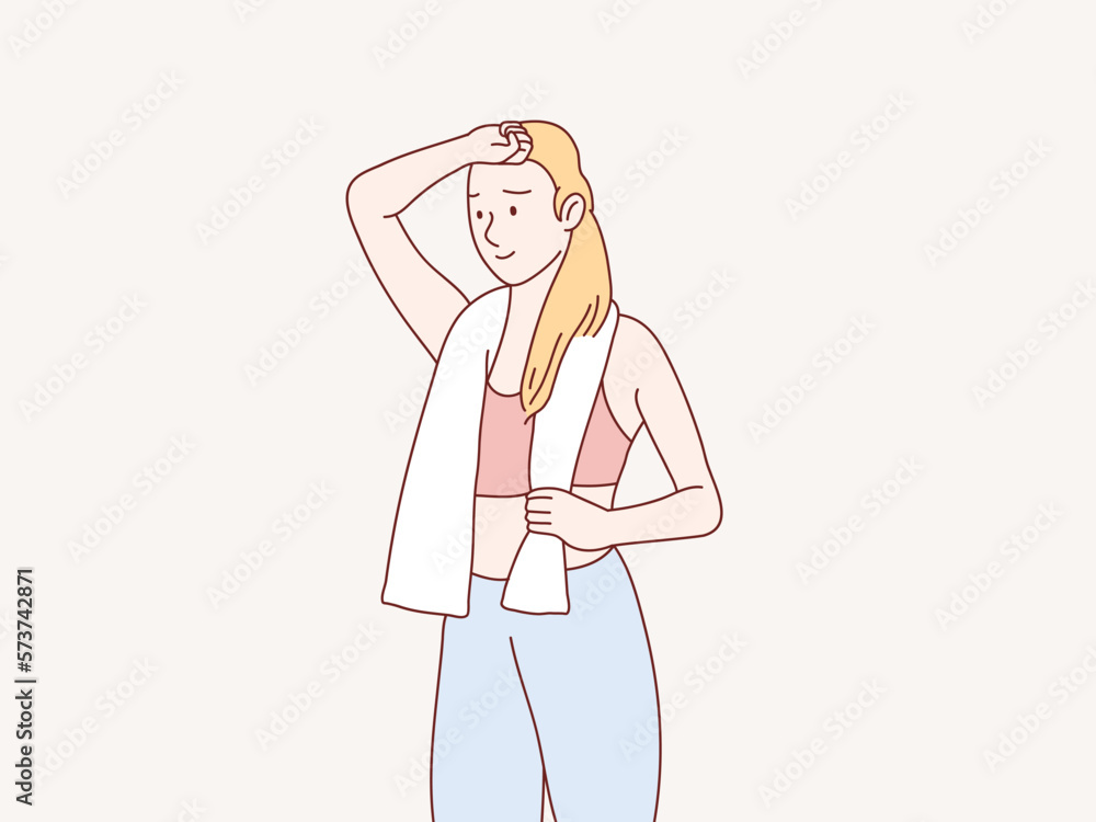 woman tired resting after workout towel in her neck simple korean style illustration woman tired resting after workout towel in her neck simple korean style illustration
