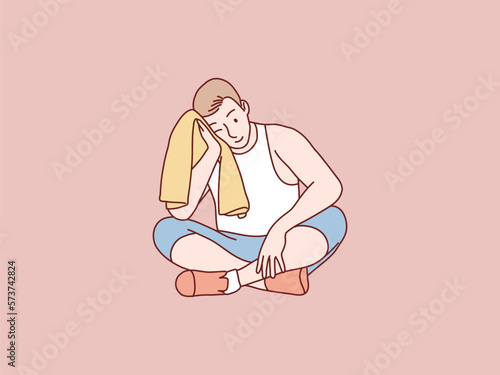 man tired resting sit after training workout wipe with towel simple korean style illustration
