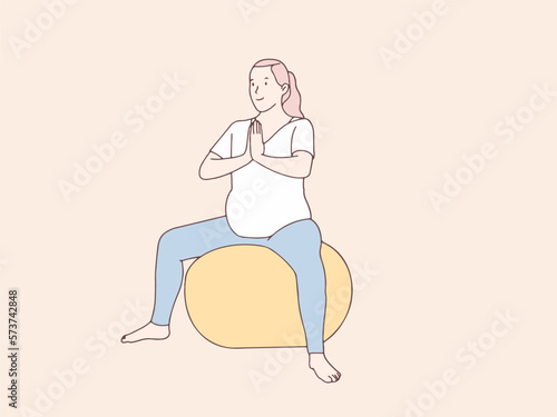 Pregnant woman doing yoga on rubber ball simple korean style illustration