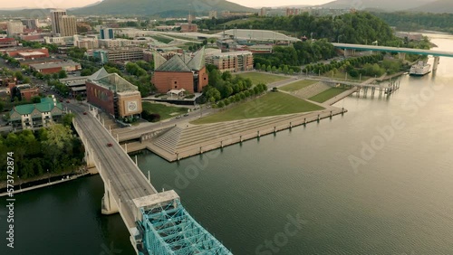 Aerial 4K Video from a Drone Orbiting Over a Bridge Over the Tennessee River Looking into Downtown Chattanooga on a Beautiful Spring Evening