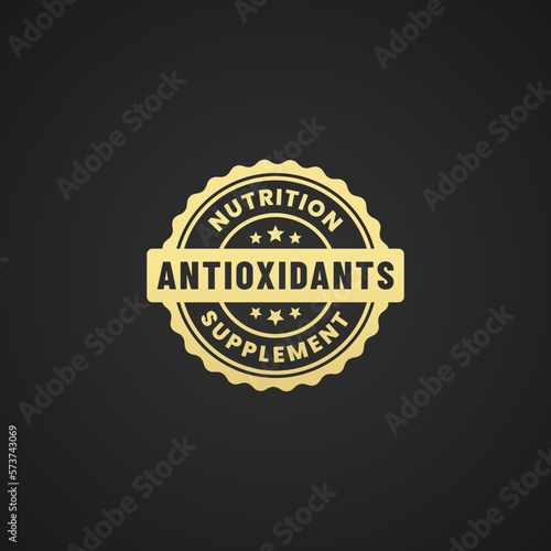 Antioxidants label vector or antioxidants icon logo vector isolated on black background. Antioxidant icon or logo for health product maintain body resistance. Antioxidant seal for multivitamin product