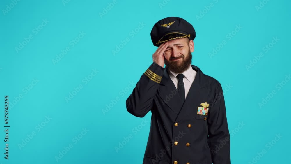 Sick airplane pilot suffering from headache, being worried about painful migraine and feeling ill. Professional airline captain being unhappy and in pain, feeling pressure rubbing temples. Sick airplane pilot suffering from headache, being worried about painful migraine and feeling ill. Professional airline captain being unhappy and in pain, feeling pressure rubbing temples.