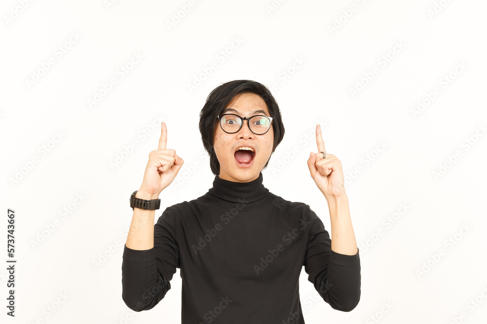 Showing Product and Pointing Up Of Beautiful Asian Man Isolated On White Background Showing Product and Pointing Up Of Beautiful Asian Man Isolated On White Background