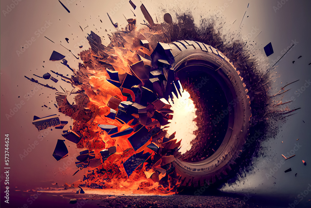 Сar tire wheels exploding into pieces, operational damage, puncture, cut, hernia. mkaet concept