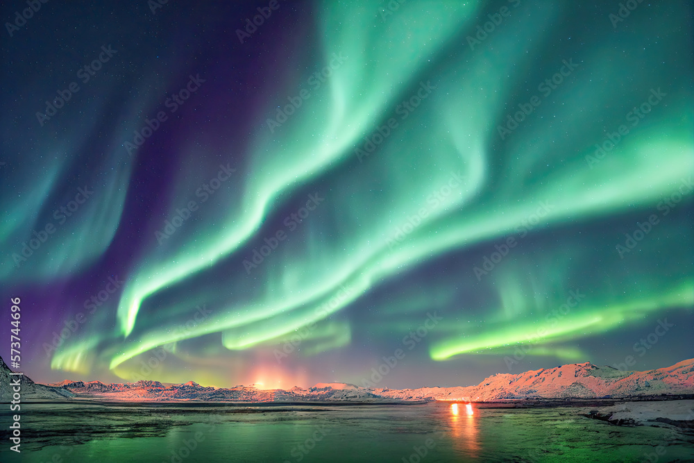 Northern Lights, also known as the Aurora Borealis, illuminating the night sky. Vibrant shades of green, purple, and pink dance across the dark expanse, creating a breathtaking visual spectacle ai