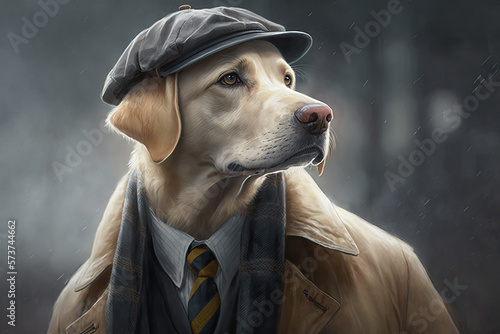 Portrait of a white Golden Retriever dog dressed up in a  costume. The dog is wearing a flat cap and a scarf, as well as a suit and a raincoat, giving it the look of a classic detective ai