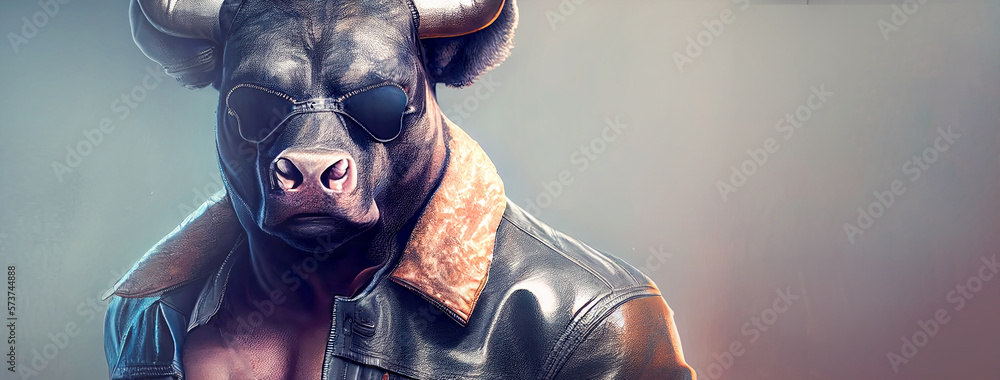 A cool and confident male portrait of a black bull, sporting sleek