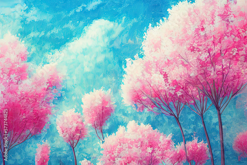 A breathtaking spring art illustration featuring lush rose trees set against a serene aquamarine background, capturing the beauty and rejuvenation of the season ai