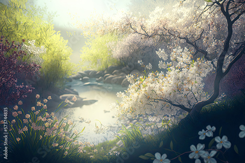 A serene and picturesque landscape as the warmth of spring brings new life  with a blooming apple tree by a tranquil stream or lake surrounded morning fog  painting a peaceful rejuvenating picture ai