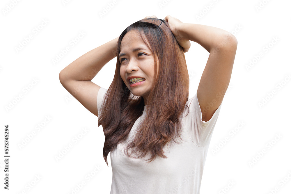 Asian woman has itchy head from dandruff