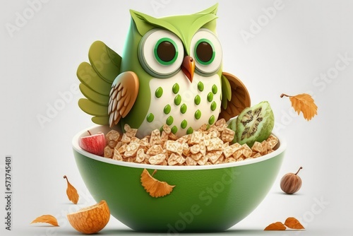 Fruits and nuts are shaped into the shape of a friendly owl in a bowl of porridge for kids in the morning. Generative AI photo