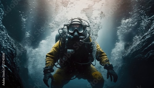 Tela Scuba deep sea diver swimming in a deep ocean cavern