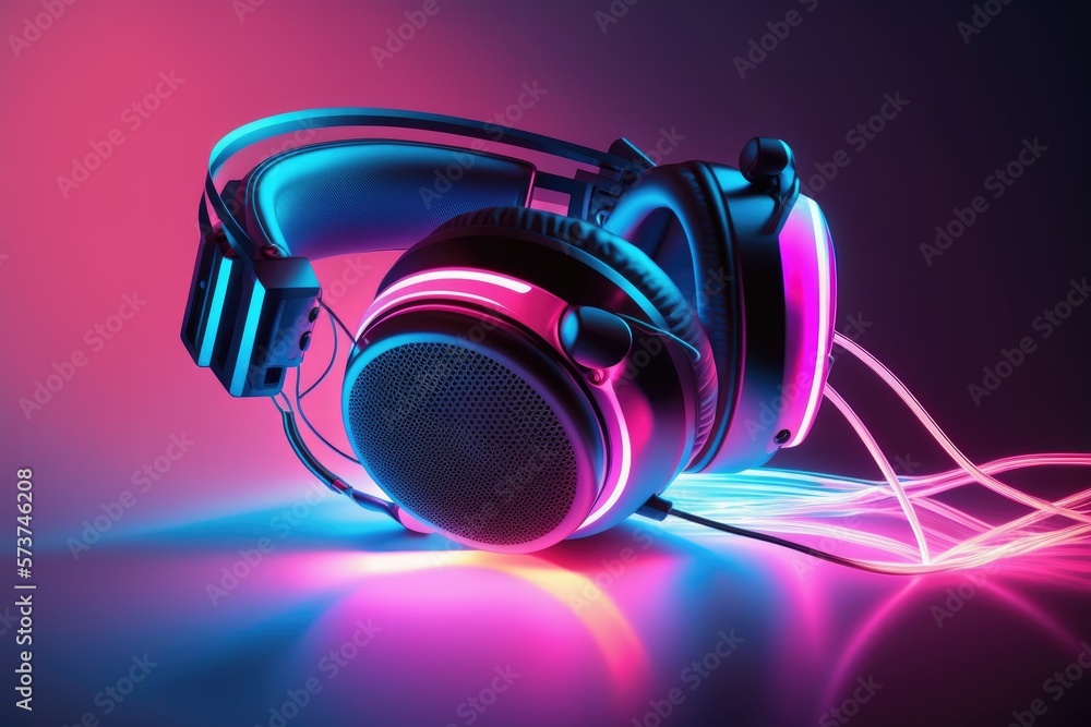 Traditional headphones in a wired design, with a dazzling neon color  gradient from blue to pink.