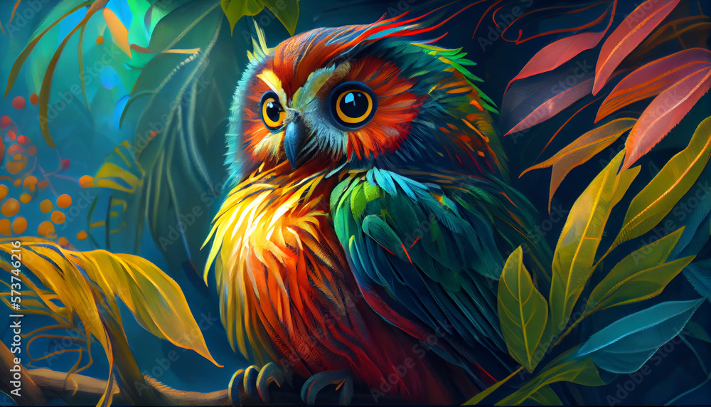 Obraz premium An with tropical colors on tropical leaves, watercolor painting style. Generative ai illustration