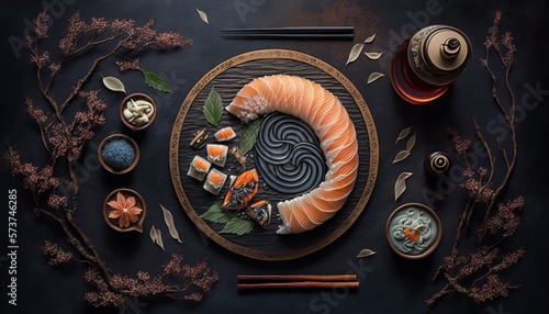 Fresh Beautiful Sushi Setup with Salmon Maki and Mysterious Ingredients. Generative ai