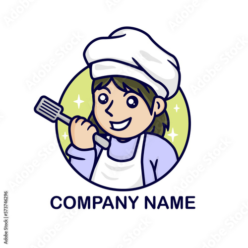 cute girl chef smilling holding spatula .vector illustration .suitable as logo for catering business, restaurant and other food business