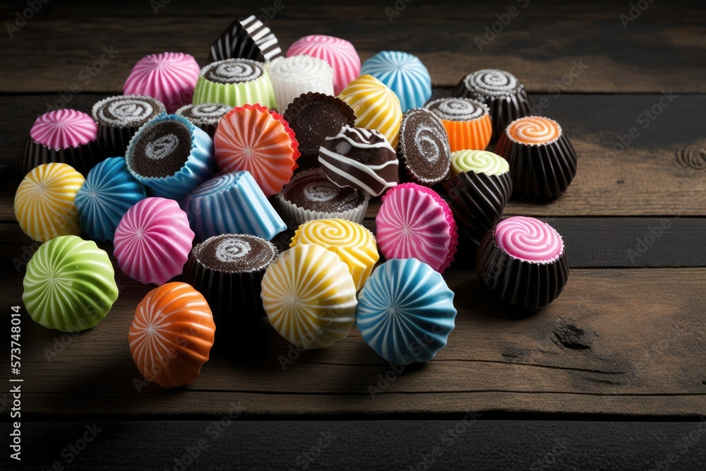 Sweets in bright wrappers, displayed on a wooden table. Generative AI Sweets in bright wrappers, displayed on a wooden table. Generative AI