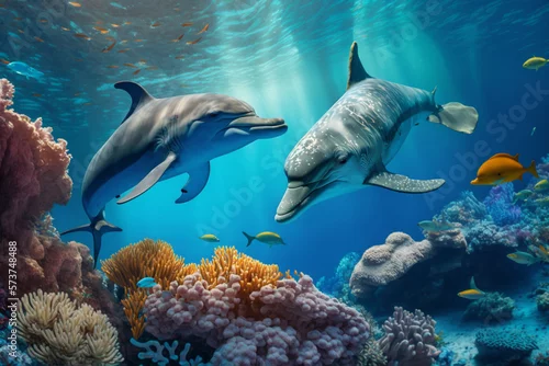 Fototapeta samoprzylepna Two dolphin under water on the background of coral reefs Coral by Generative Ai