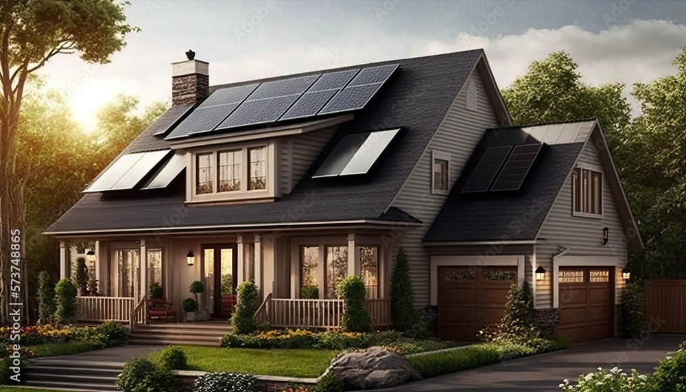 Beautiful new homes with solar panels on the roof . frondview generative ai Beautiful new homes with solar panels on the roof . frondview generative ai