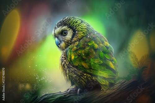 A kakapo, or owl parrot, captured in a blurred out background. Generative AI photo