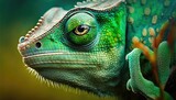 Green colored chameleon close up generative ai