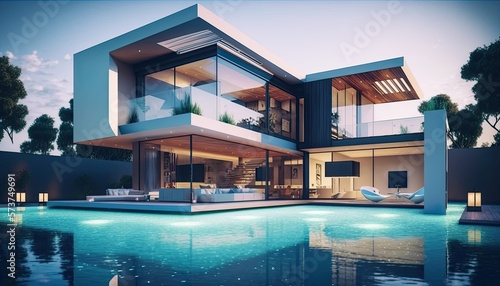 Luxury modern home with swimming pool. Modern architecture generative ai © 3D Station