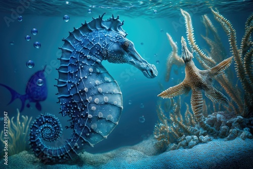 Seascape with seahorse and starfish in shallow depth of field. Generative AI © 2rogan