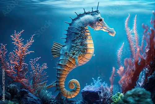Animated seahorse in a tropical marine aquarium. Generative AI