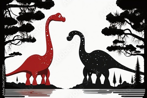 Two different kinds of brachiosaurs in the wild, one of them by a lake. An example like this one. Generative AI photo
