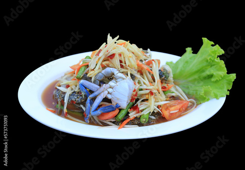 Fresh horse crab papaya salad in dish isolated on black background. Image with Clipping path.
