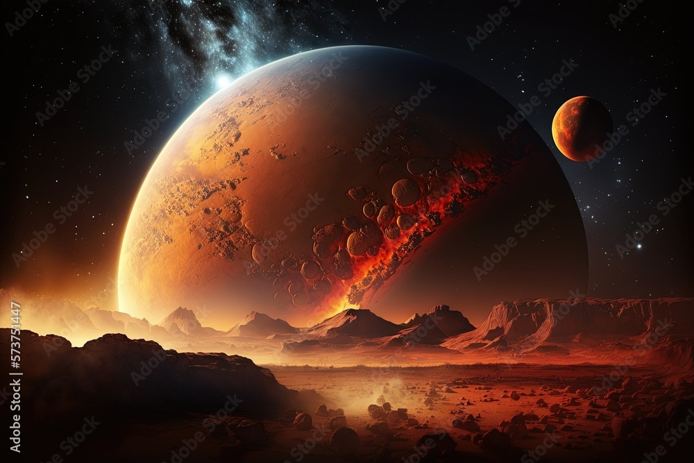 Mars, Solar System. The nearby With its thin atmosphere, craters, volcanoes, valleys