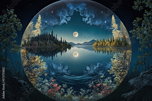 The harvest moon shines over a shimmering lake surrounded by a lush landscape of birch trees, flowers, and the magical stars and planets of the cosmos. digital art drawing. Generative AI
