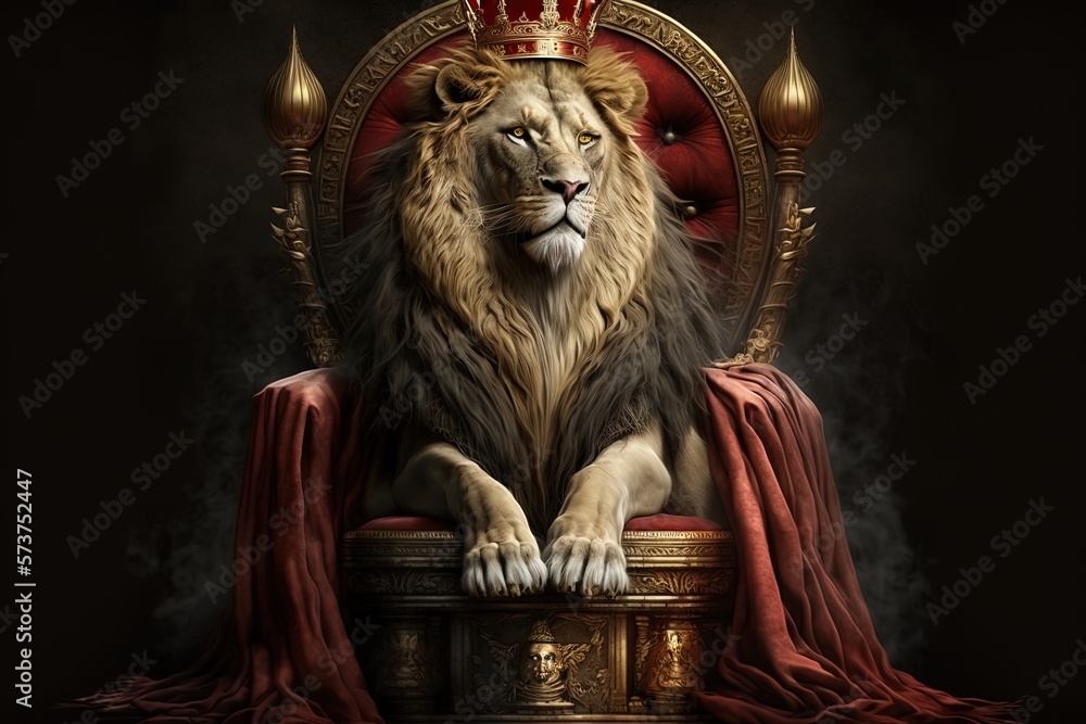 Royal lion wearing a gold crown and red cloak sitting on a golden and ...