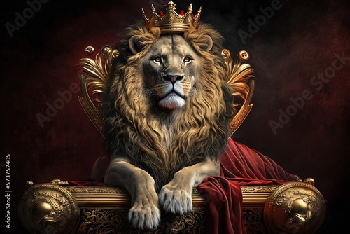 Royal lion wearing a gold crown and red cloak sitting on a golden and red throne. Golden shining king of beasts lion on a royal golden throne.AI generative illustration