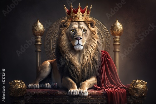 Royal lion wearing a gold crown and red cloak sitting on a golden and red throne. Golden shining king of beasts lion on a royal golden throne.AI generative illustration