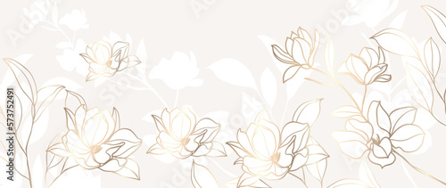 Luxury floral botanical on white background vector. Elegant gold line wallpaper lily, flowers, leaves, foliage, branches in hand drawn. Golden blossom frame design for wedding, invitation.