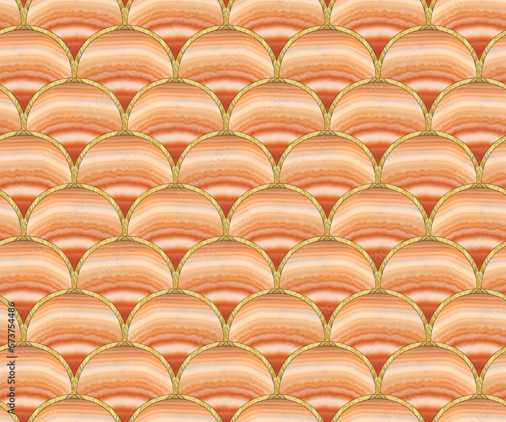 Obraz premium Arcs seamless pattern. Grid. Mosaic, inlay. Illustration in stained glass style. Art Deco style. Seamless chaotic pattern for wallpapers, textile print, tile. Decorative gold waves. Agate.