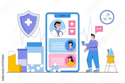 Online medical consultation, telemedicine, medical service for patients, health care by internet with doctor concept. Outline design style minimal vector illustration for landing page