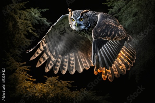 Wild eagle owl soaring above the dark woodland. An enormous nocturnal bird of prey, stalking its victim in the shadows of the woodland with glowing orange eyes. Forensic owl action scene. The wing spa