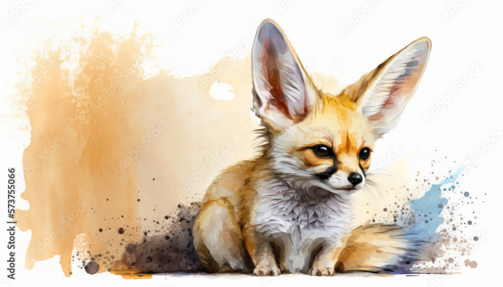 Fototapeta premium Little Cute Fennec fox watercolor paint on white. Generative AI