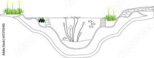 Sketch vector illustration of a fish pond in the garden